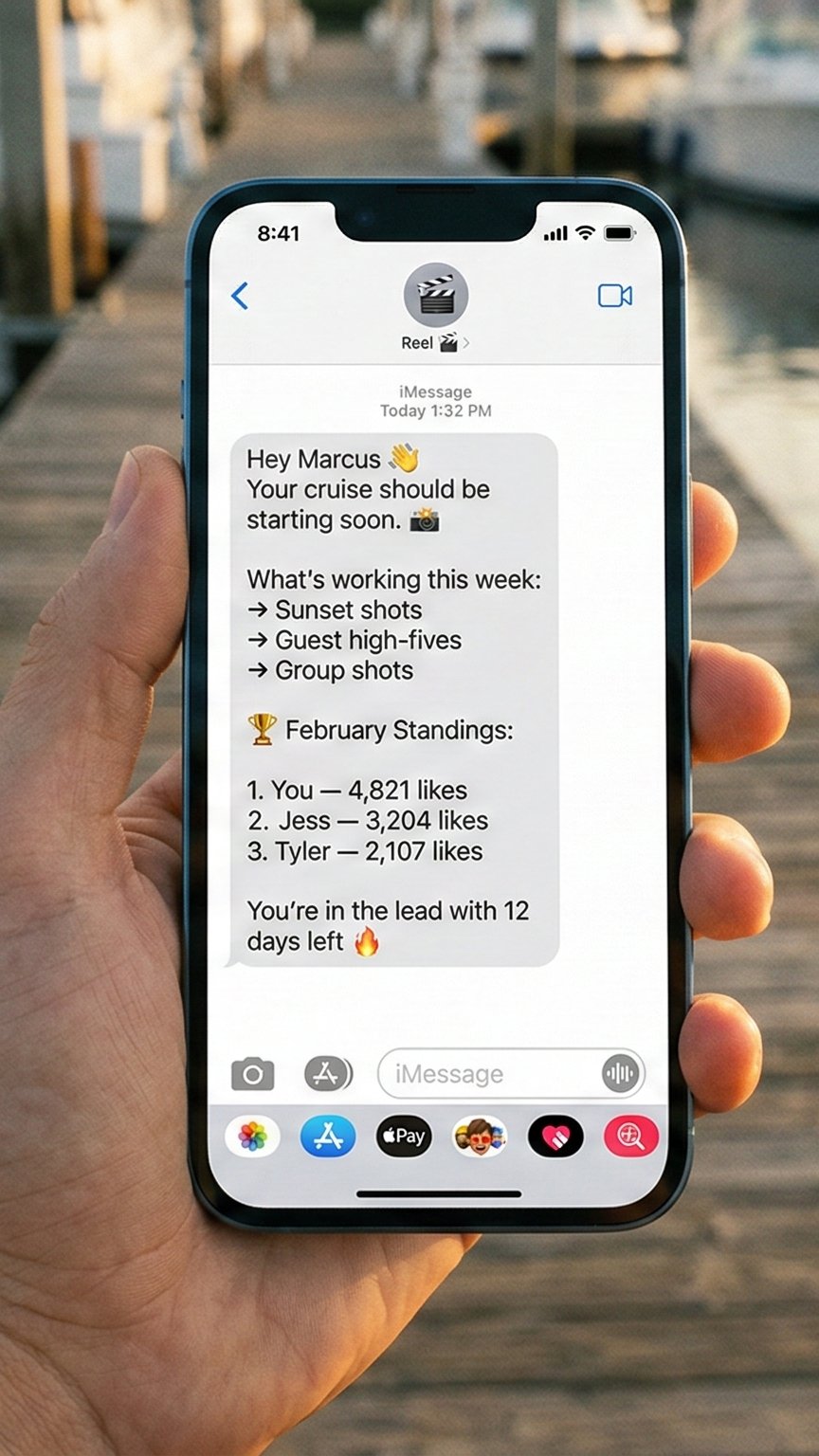 Tour guide checking their Reel brief on the dock